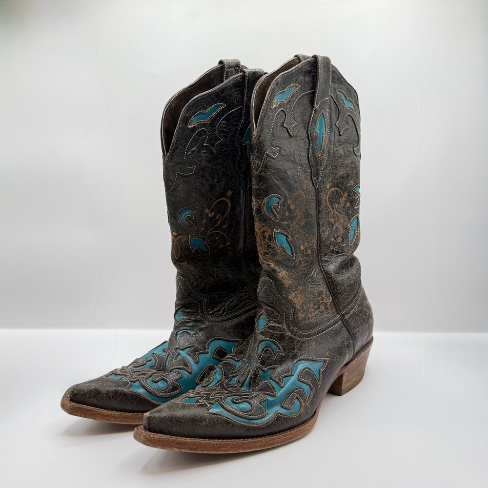 Pecos Bill Black & Turquoise Leather Inlay Western Cowboy Boots • Women’s 7